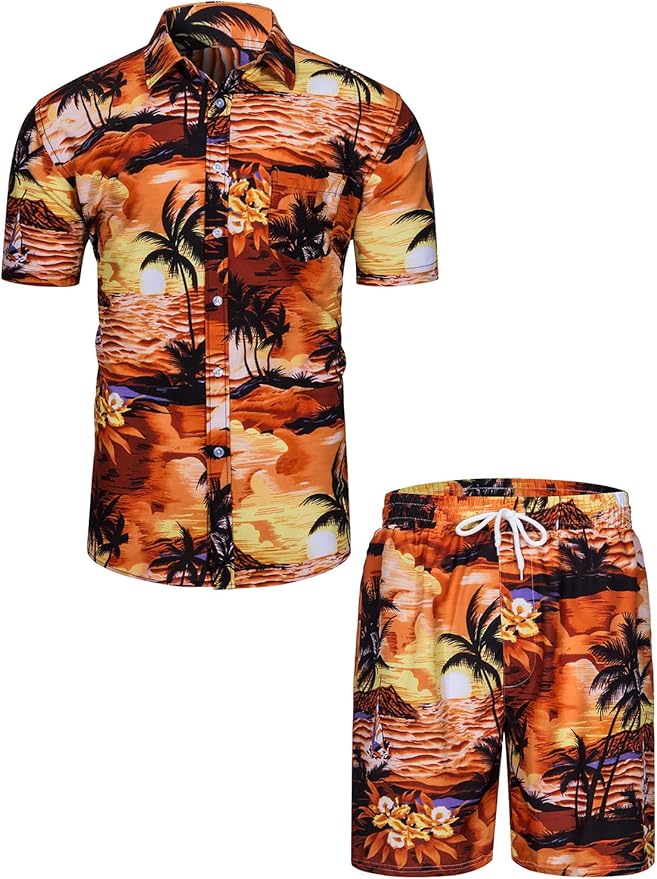 TUNEVUSE Mens Hawaiian Short Sleeve Shirt Suits Flower Print Suits Tropical 2PC Sets Button Down Shirts and Shorts Outfit