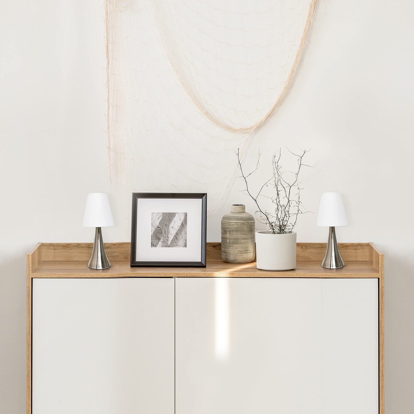 Simple Designs Lt2014-Wht-2Pk Brushed Nickel Mini Touch Table Lamps, Fabric Shades, Pack Of 2, White