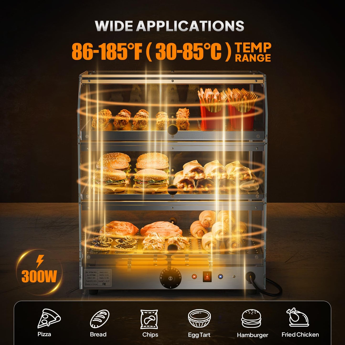 ROVSUN 3-Tier Food Warmer Pizza Warmer Countertop, Food Warmer Display Pretzel Warmer with LED Lighting Front and Rear Doors, Electric Catering Hot Box Acrylic for Buffet Restaurant Cafe