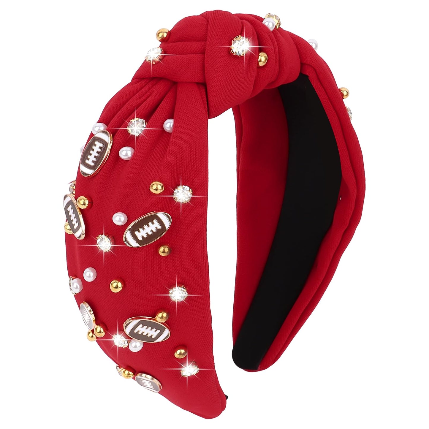 YARIEW Football Headband for Women Pearl Rhinestone Jeweled Knotted Headband Fashion Headband Wide Game Day Sports Hair Accessor