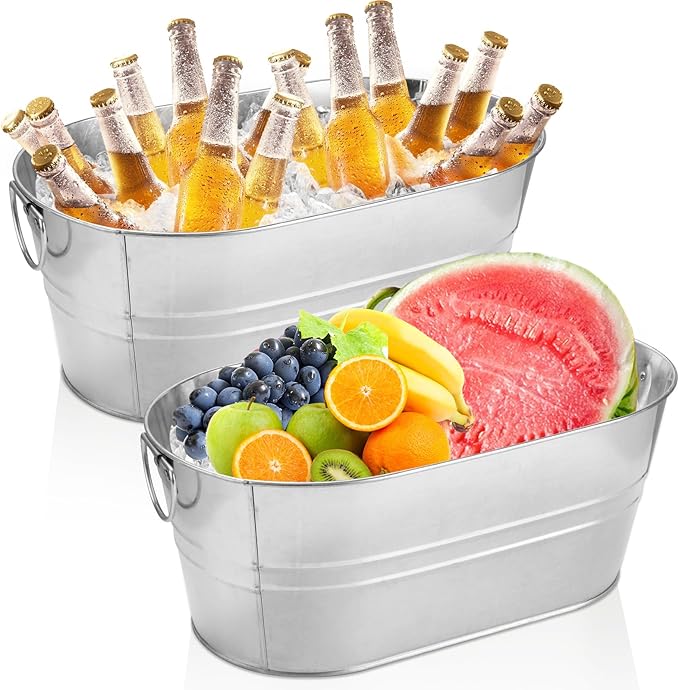 LOPYXBR 2 PCS Galvanized Bucket 4 Gallon Ice Buckets for Parties with Carry Handles Stainless Steel Beverage Tub for Parti...