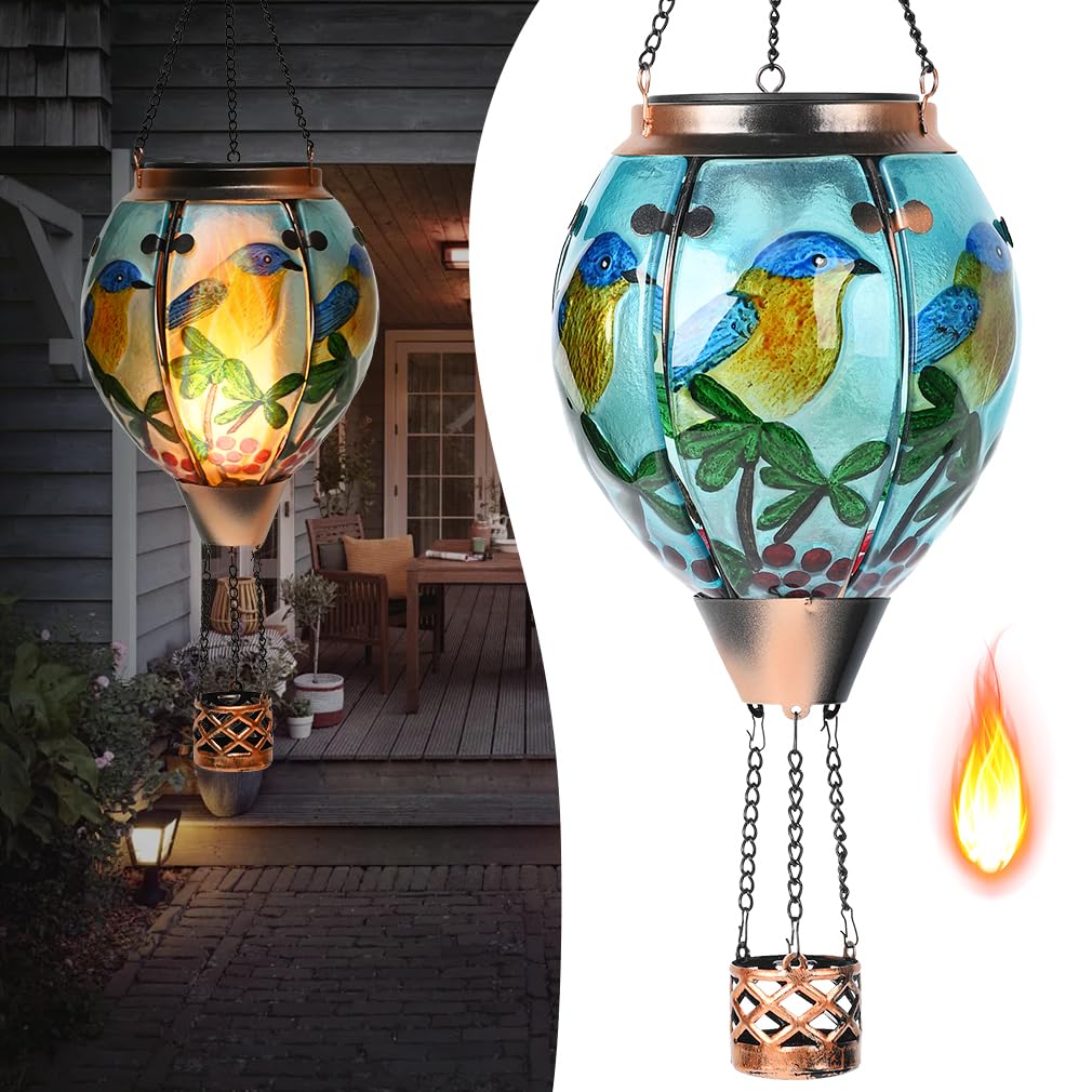Hot Air Balloon Solar Lantern - Bluebird Glass Lantern  Simulated Flickering & Dancing Flame  Outdoor Hanging Yard Light Waterproof Ip65 For Patio Lawn Porch Decor Gift