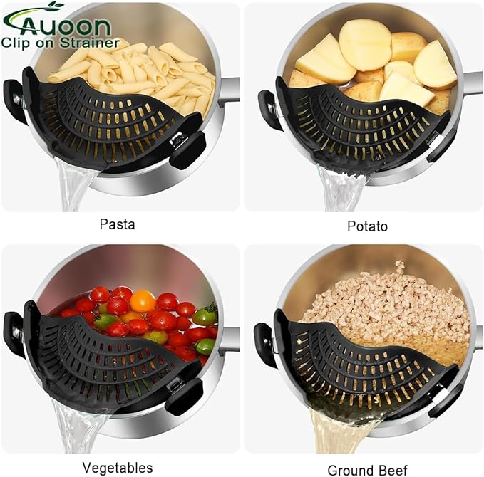 2PACK AUOON Clip on Strainer for All Pots Pans - Silicone Kitchen Colander Food Strainer for Pasta Meat Vegetable Fruits | Easy to Use and Store, Dishwasher Safe (BlackRed)