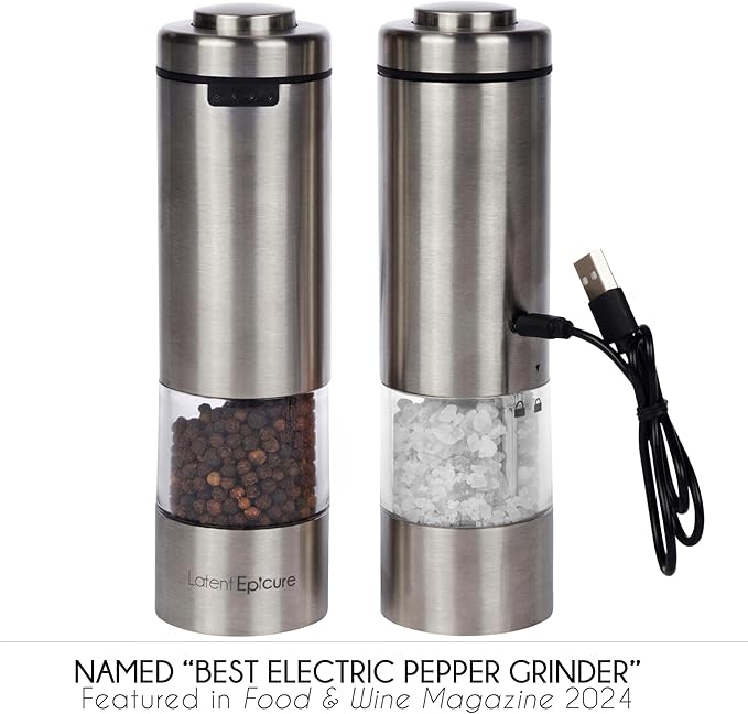 Electric Salt & Pepper Grinder Set – USB-C Rechargeable Stainless-Steel Mills & Shakers with LED Light, Adjustable Ceramic Grinders & Acrylic Rest Tray