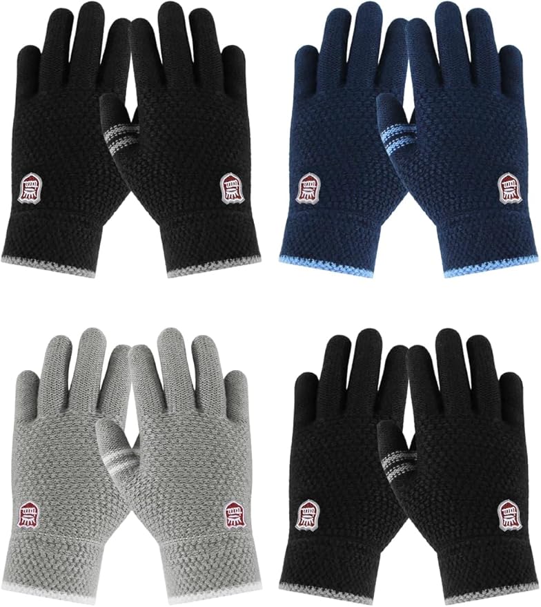 ORVINNER Kids Winter Gloves for Boys - 4 Pairs Soft Fleece Lined Thermal Stretchy Knit Warm Gloves for Cold Weather (2 Bla...