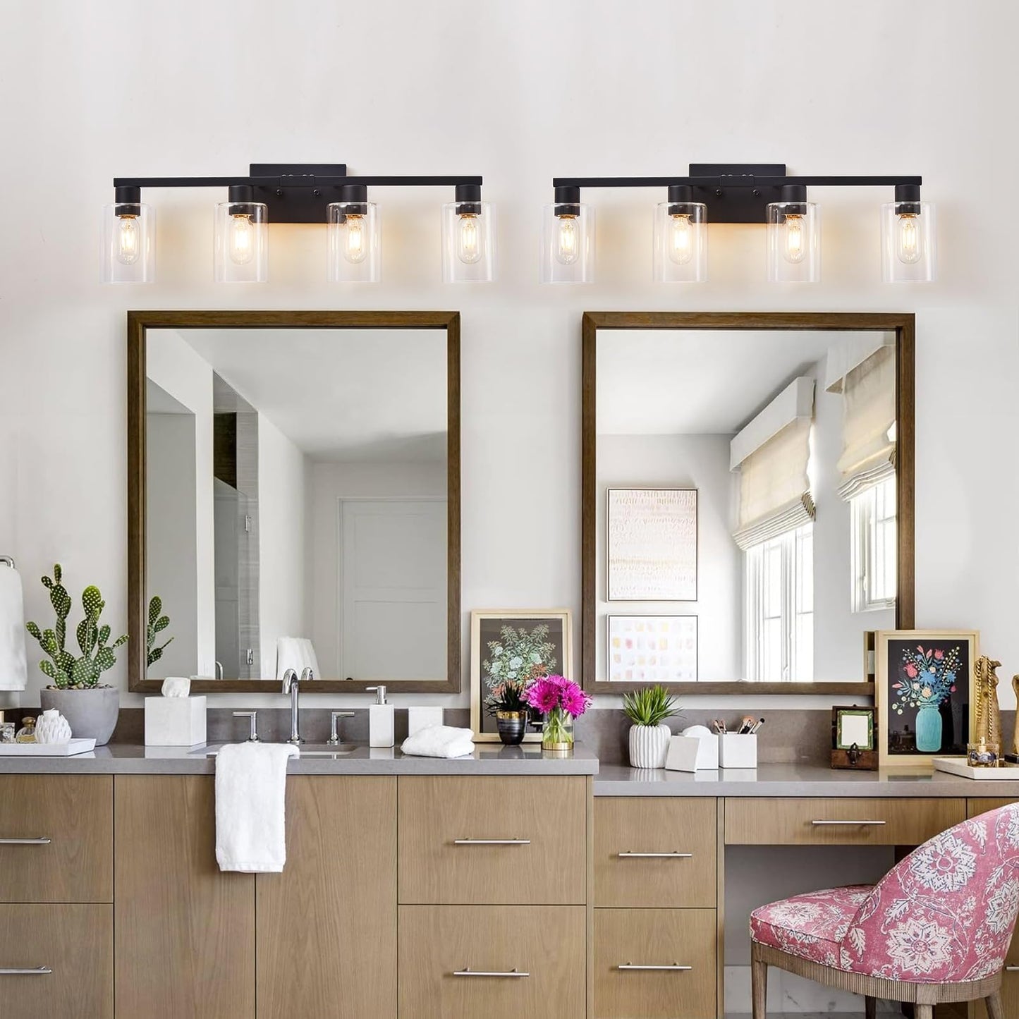 Sopeas 4 Light Bathroom Vanity Light Fixtures  Black Farmhouse Bathroom Vanity Light With Clear Glass Shade  Bathroom Lighting Fixtures Over Mirror  Vanity Lights For Bathroom Mirror