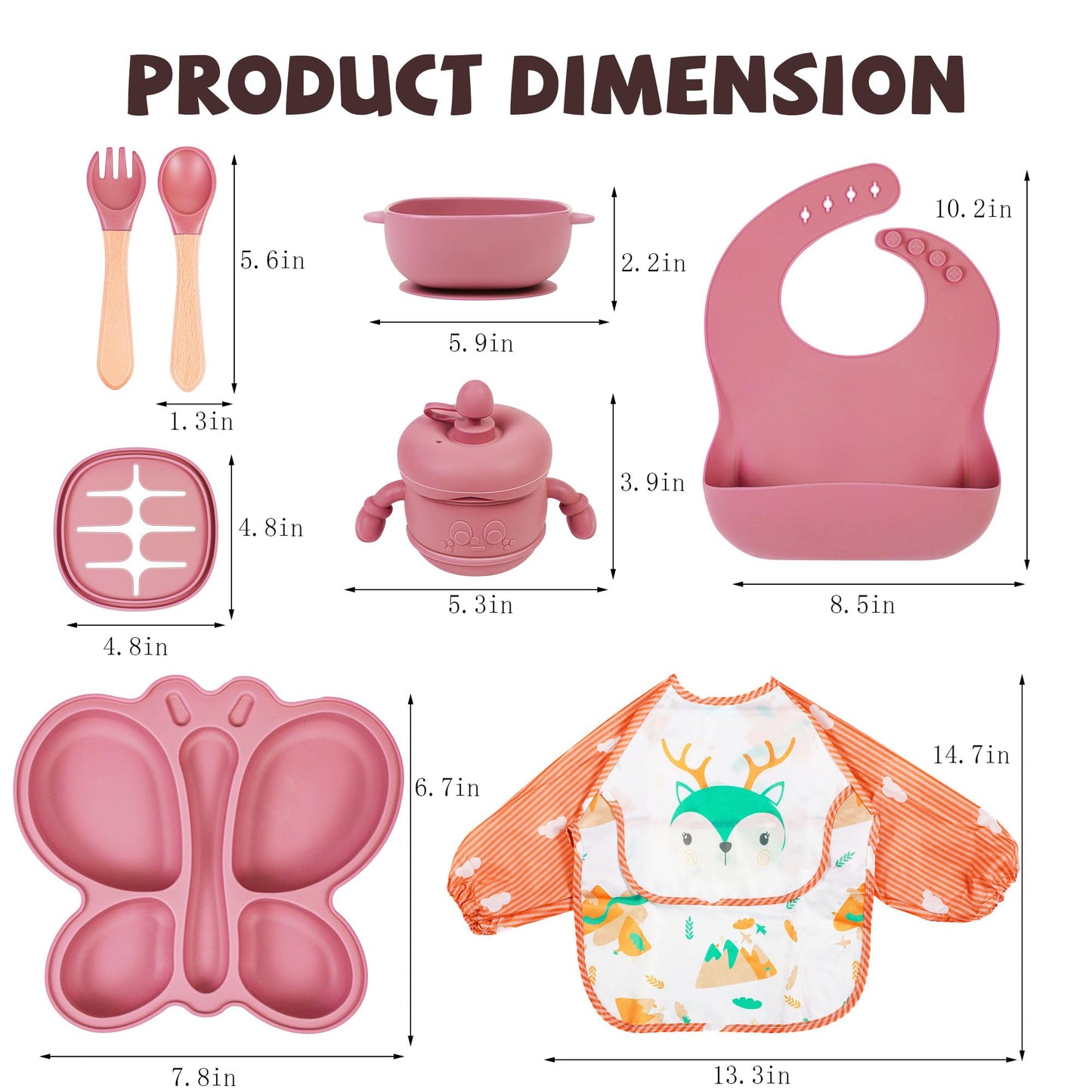 Silicone Baby Feeding Set, Baby Led Weaning Supplies, Silicone Suction Butterfly Plate, Bowl, Spoons, Fork and Waterproof Bib & Cloth Bib, Eating Utensils Baby Feeding Essentials (Pink)