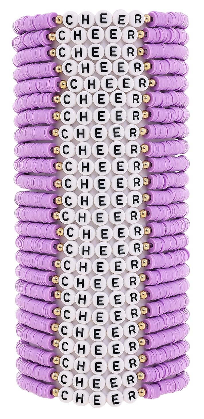 Cooluckday 24 Pcs Cheer Gifts Bulk for Team Cheer Bracelets Stackable Clay Y2k Friendship Bracelets(Purple)