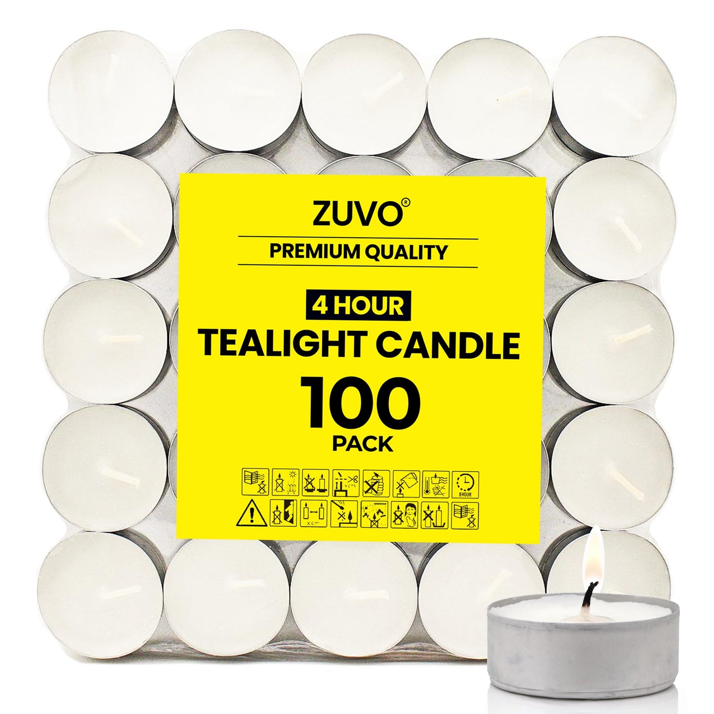 Zuvo Tea Lights Candles - Smokeless & Unscented - 4 Hour Burn - 100 Pack - White - 1.5inW x 1inH - Model 90203C