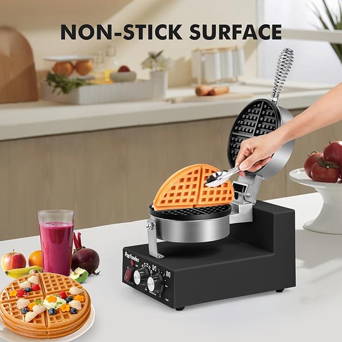 Commercial Waffle Maker for Restaurant, 110V Electric Waffle Maker w/Non-stick and 122–572°F Adjustable Temp, 1200W Profession Waffle Iron with Timer and Heavy Duty, Hotel Waffle Machine
