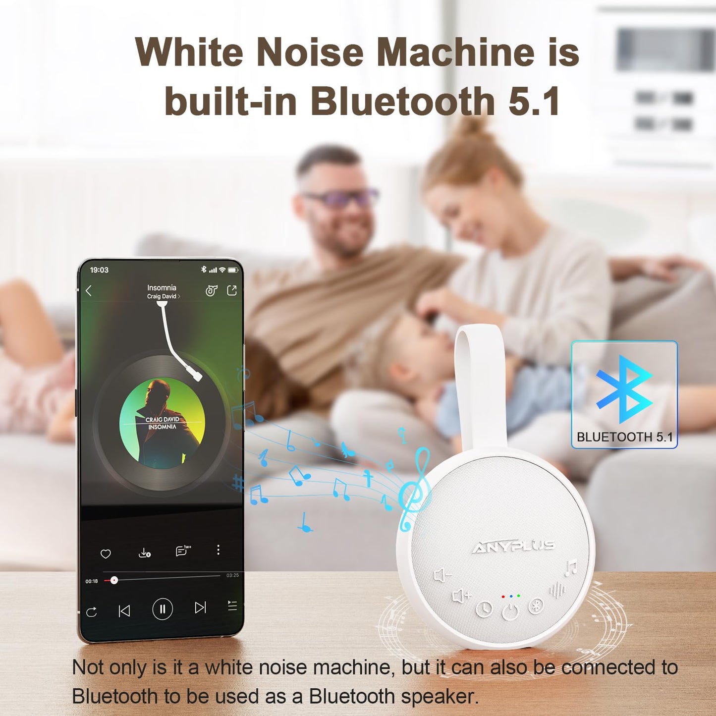 White Noise Sound Machine for Sleeping Adults & Baby, Portable Noise Machine with 24 Soothing Sounds, Bluetooth 5.1, Battery Powered, 3 Timer Settings, Memory Function for Home, Office, Travel (White)