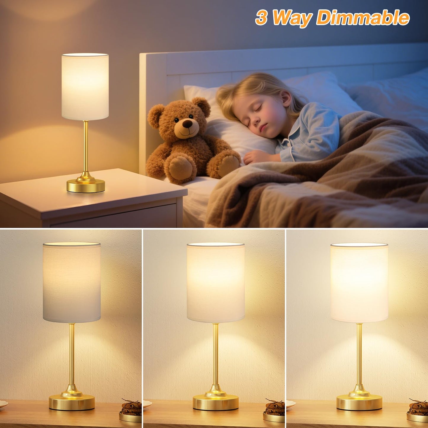 Dicoool Touch Bedside Table Lamp - 3 Way Dimmable, 14.6in, Metal and Fabric, White Shade - Gold Base, Model 15-22
