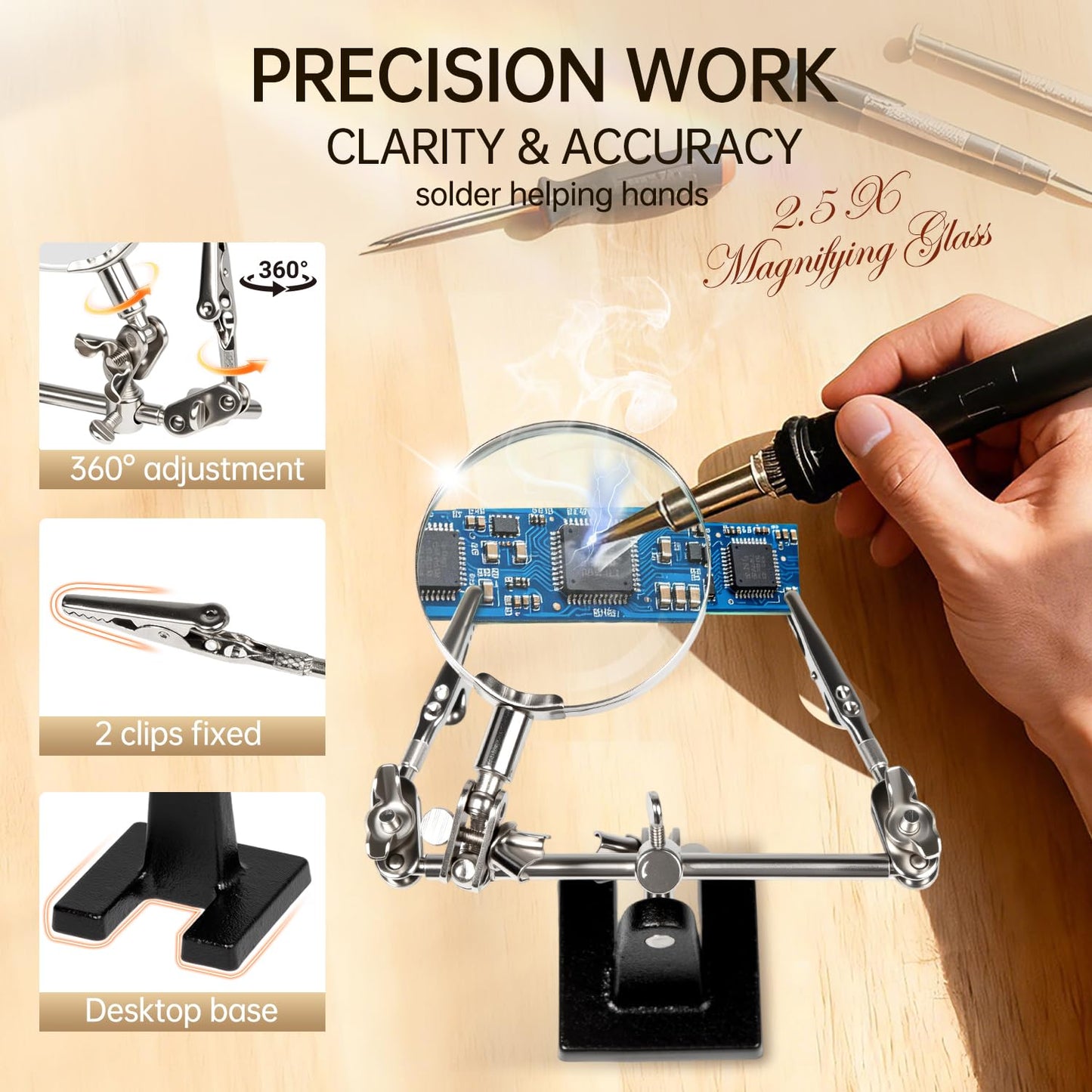 AORAEM Helping Hands Magnifier with Dual Adjustable Alligator Clips in 2.5X Magnifying Glass Soldering Station for Crafting, Hobby, Micro Objects (Not Include Battery)