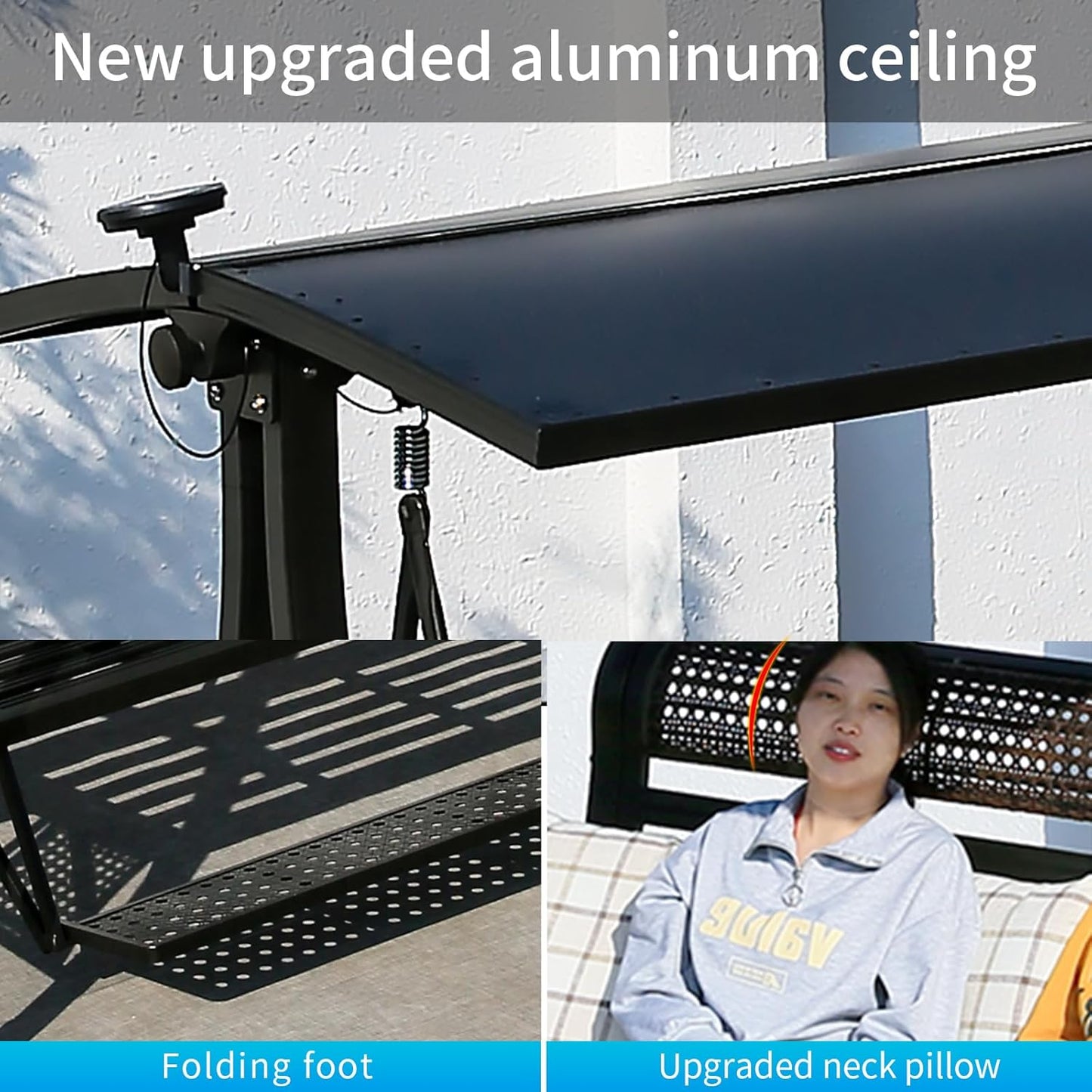 2/3-Seat Outdoor Patio Porch Swing with Adjustable Aluminum Alloy Canopy Solar Patio Swing Chair Bench with Footrest Side Cup Holder for Backyard Lawn (Himalaya-2 Seat)