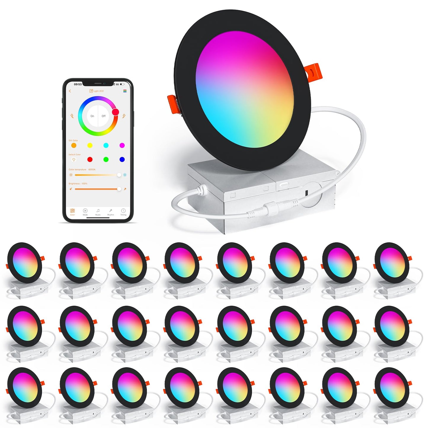 SikSog Black 24 Pack Smart Recessed Lighting 4 Inch RGBCW Color Changing 12W LED Downlight with Junction Box,1000 Lumen Recessed Ceiling Light Compatible with Alexa,Dimmable by Bluetooth Control