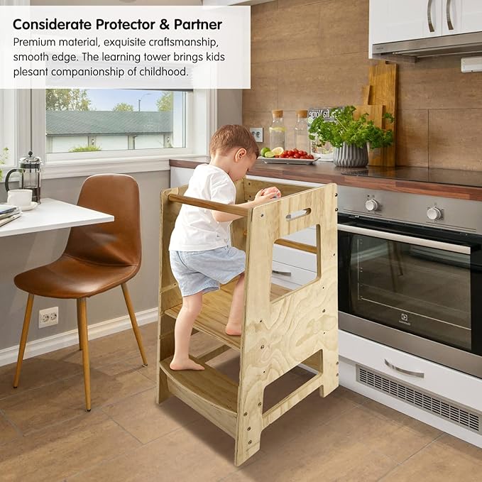 ECOMEX Toddler Standing Tower Kitchen Step Stool for Kids - Adjustable Height Learning Stool with Removable Safety Rail for Bedroom, Bathroom, Natural