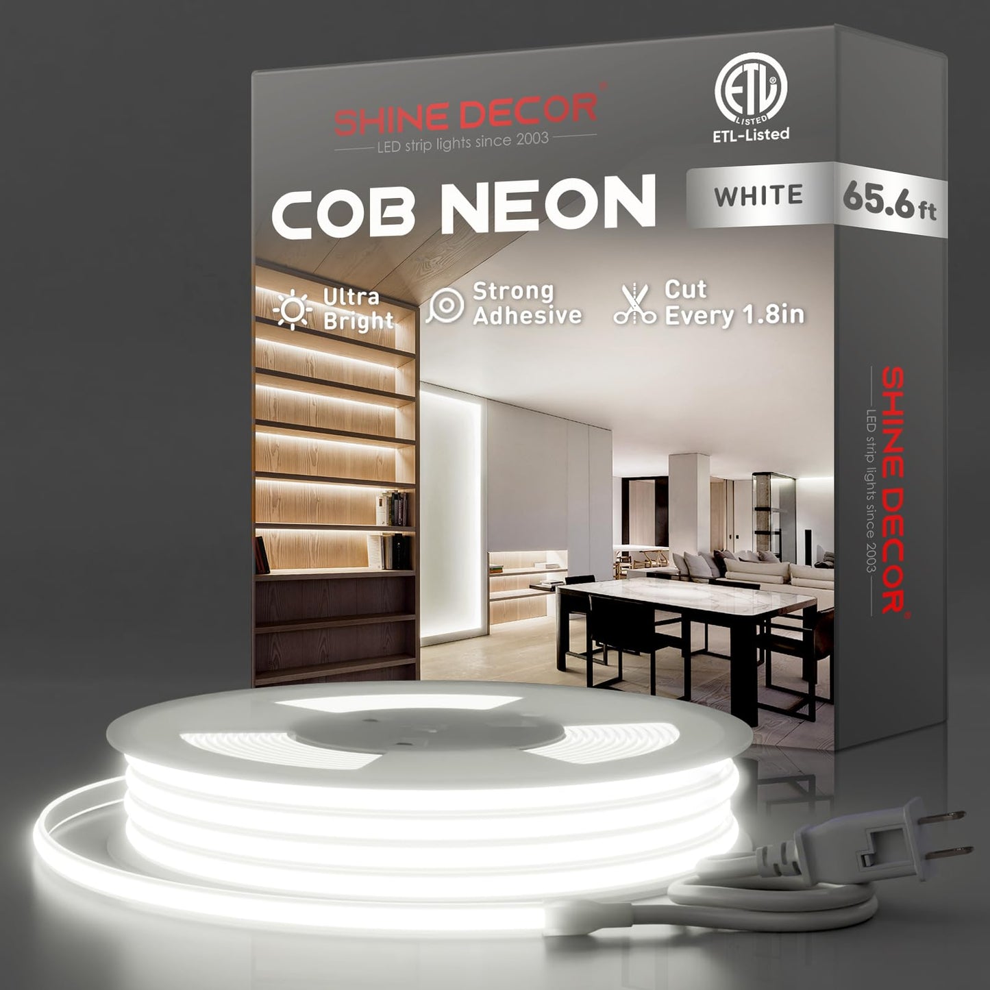 Shine Decor Cob Led Rope Light Ac 120V  800Lm Ultra Bright  Ip65 Waterproof Cold-Resistant Etl Neon Strip  No Driver Tape Lighting For Home Commercial 10X4.5Mm  6000K Cool White  65.6Ft