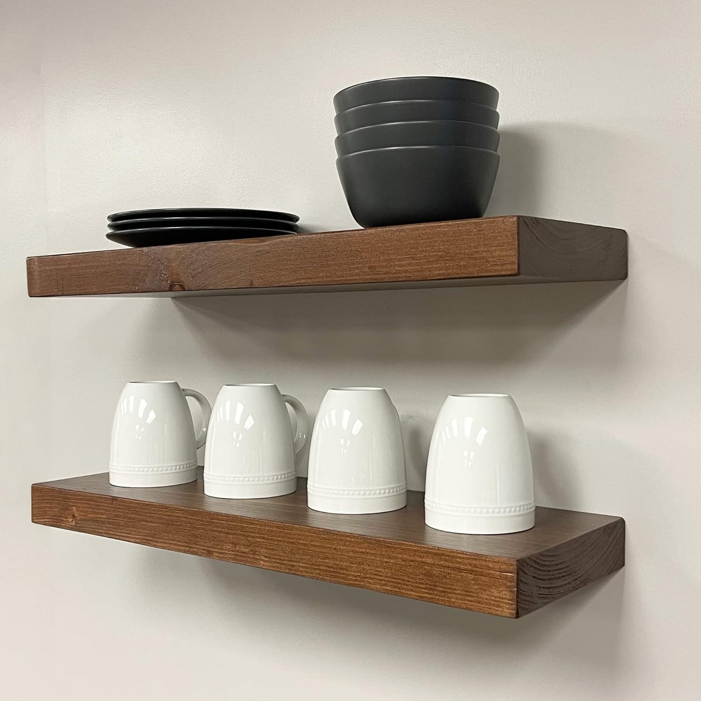 URBANDI, Rustic Floating Shelves, Set of 2, Hidden Bracket, Solid Wood, Heavy Duty, Wall Mounted Shelves, (Provincial, 12Wx10D)