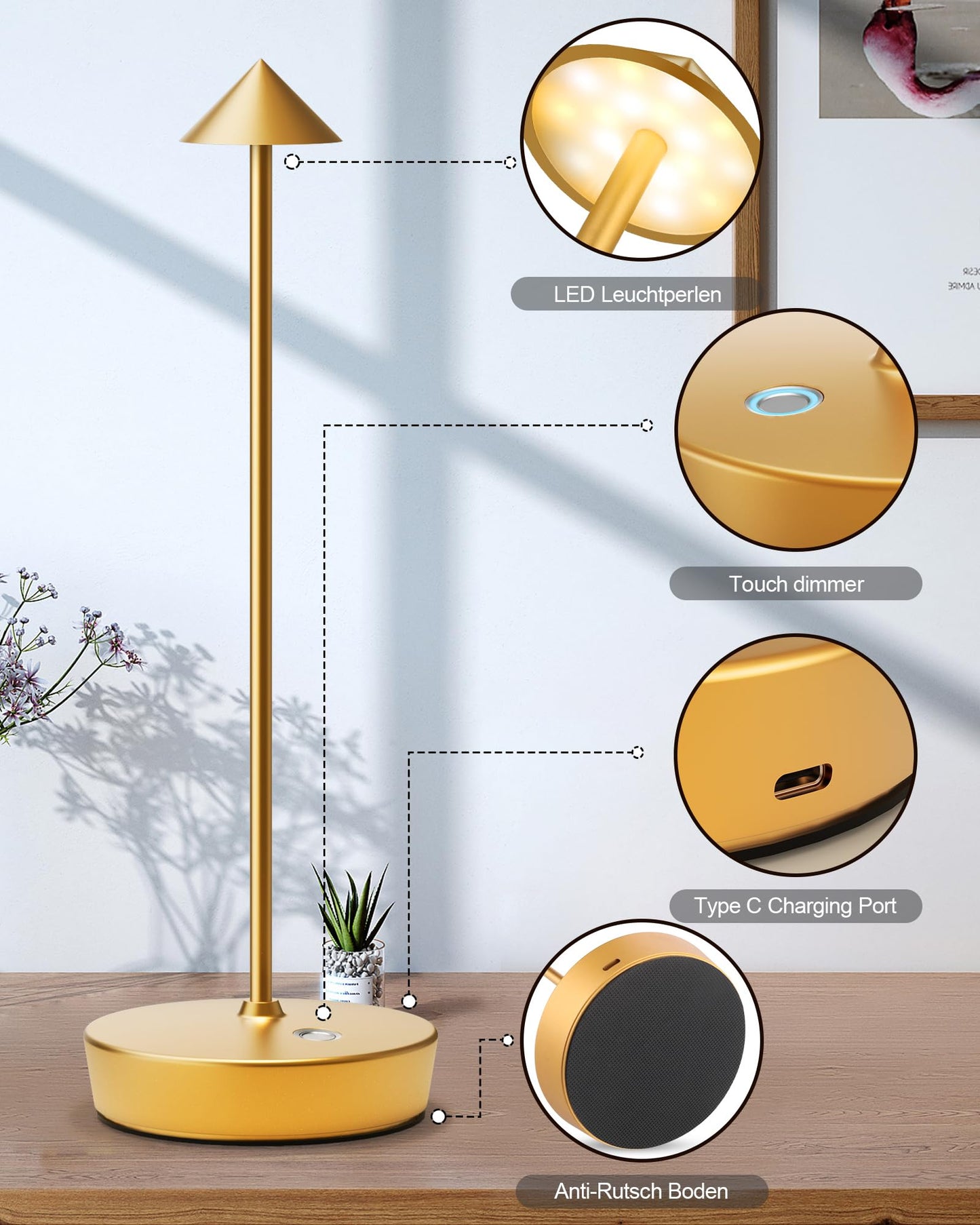 Shangcai Cordless Table Lamps Rechargeable  6000Mah Battery Operated Led Desk Lamp Outdoor Waterproof Portable Touch Dimmable Table Night Light For Patio Restaurant Dining Home Set Of 2 Gold