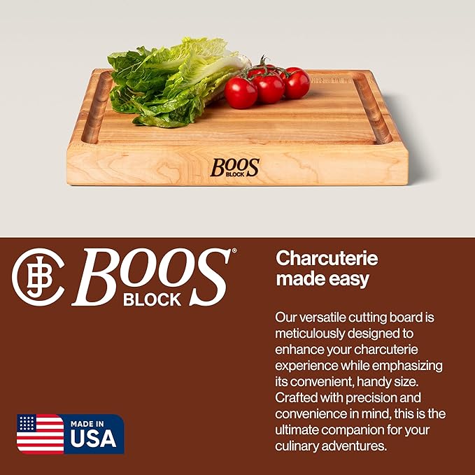 John Boos CB Series Square Wooden Maple Cutting Board 15”x15” – 1.75” Thick, 12-lb Reversible Butcher Block with Juice Groove, Edge-Grain & Finger Grips – Made in the USA
