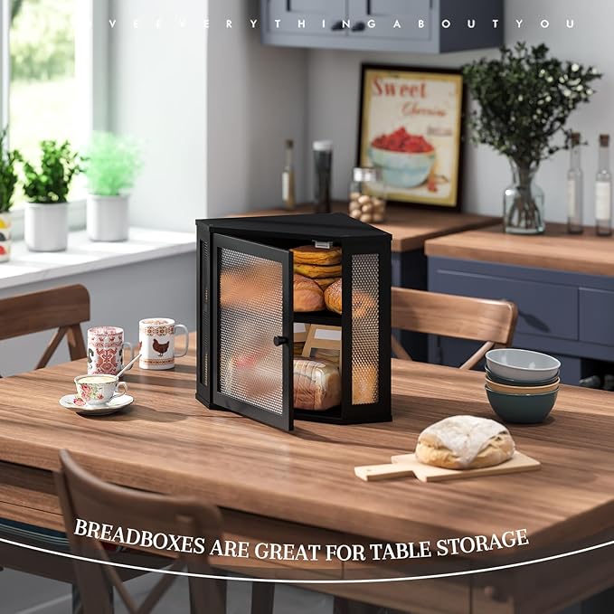 Corner Bread Box Kitchen Countertop Extra Large Capacity Farmhouse Bread Box, Corner Countertop Storage, Double Layer Bread Holder (Black, Large)