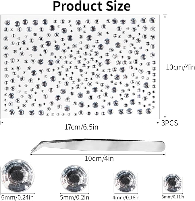 Face Gems Pearls for Makeup Rhinestone Stickers for Crafts Stick on Body Clear Crystal Tweezers Decals 3/4/5/6MM White Hair Nails Craft DIY Gems for Nails Makeup Decor 975PCS