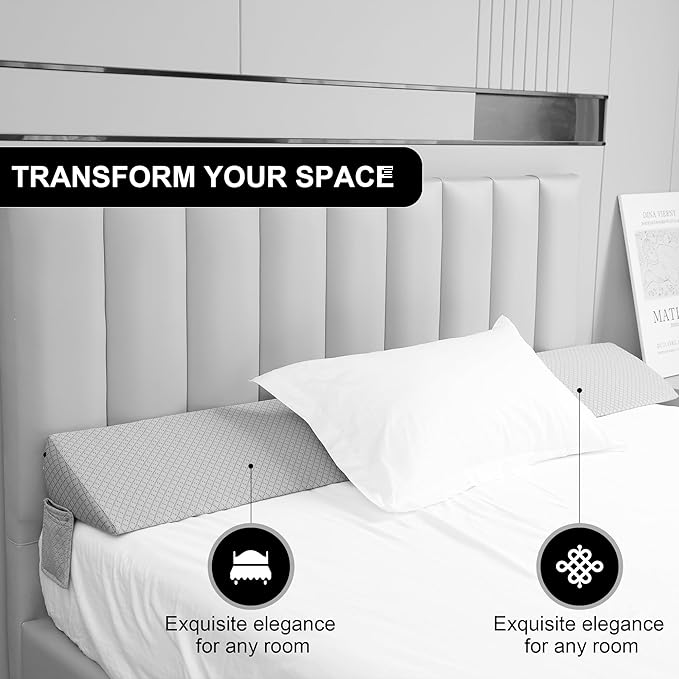 King Bed Wedge Pillow for Headboard,Foam Headboard Pillow Wedge,Bed Gap Filler Mattress Wedge,Mattress Gap Filler - Fill The Gap (0-8") Between Headboard and Mattress (Gray, 76"x10"x8")
