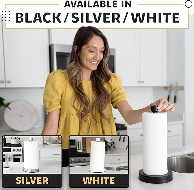 Dear Household Stainless Steel Paper Towel Holder Easy One-Handed Operation - This Sturdy Weighted Paper Towel Dispenser Countertop Model Has Suction Cups and Holds All Paper Towel Rolls - Black