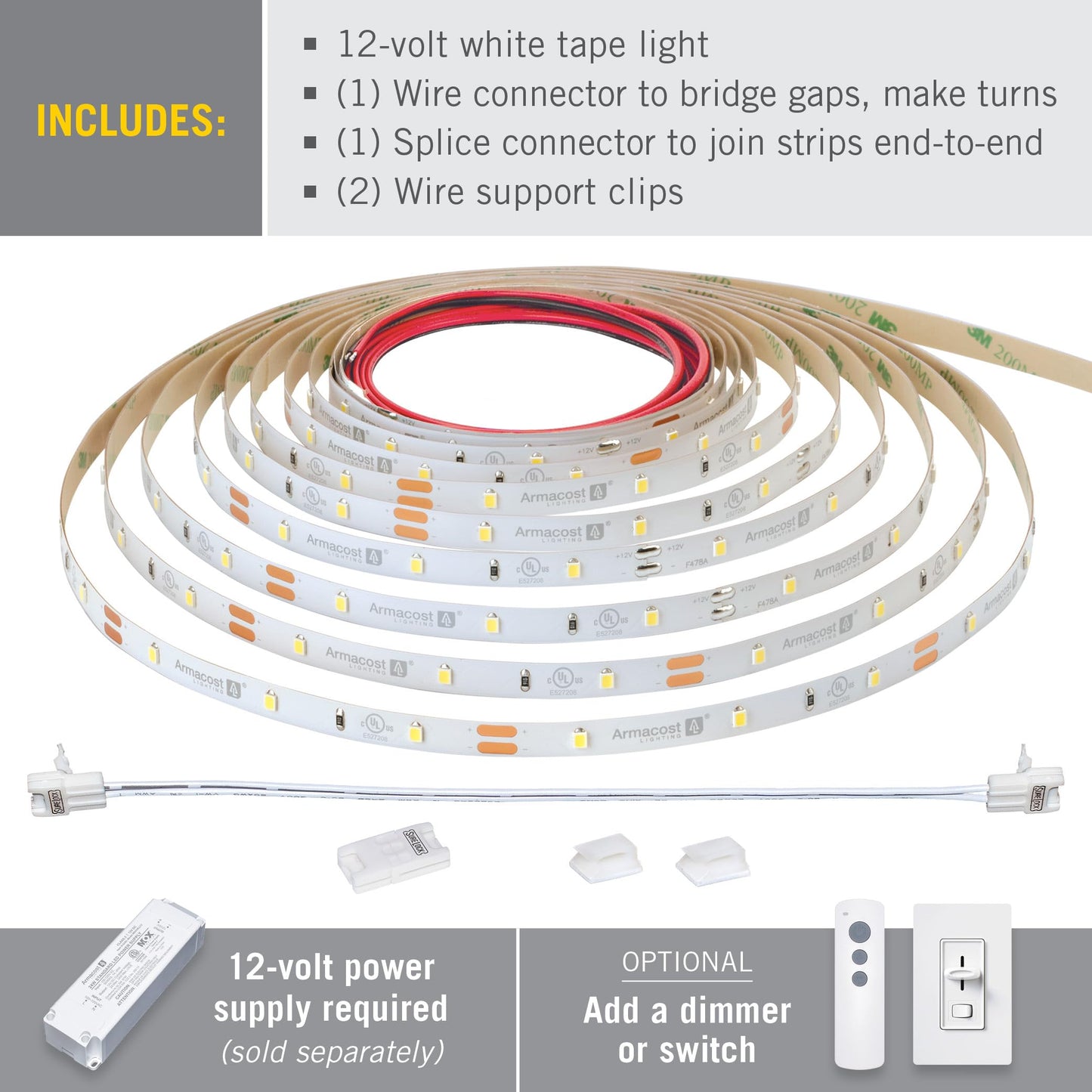 Armacost Lighting Ribbonflex Pro Tape Light, 8.2 Ft, 30 Leds/M, 3000K Soft White, Model 141210, Plastic Material