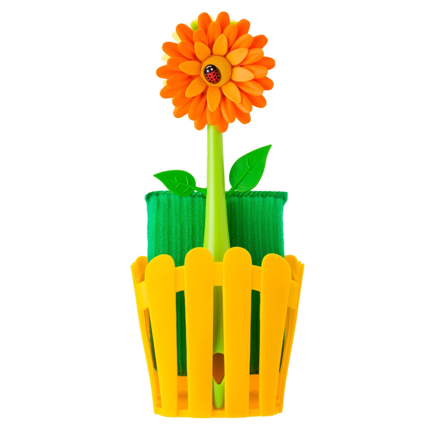 Vigar Flower Power 3-in-1 Kitchen Sink Caddy Set, Flower-Shaped Dish Brush, Sponge, Fence-shaped Holder and Suction Cup, Ideal Sink Organizer, Orange