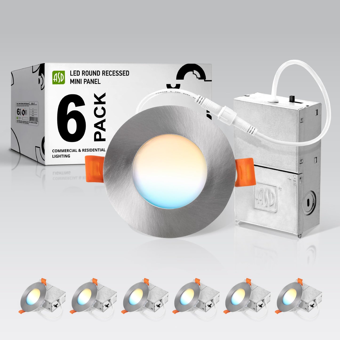 Asd 6 Pack 3 Inch Led Recessed Light 6W  5 Cct 2700K-5000K Cri90+  Ic Rated Ultra Thin Dimmable Ceiling Lights With J Box  Canless Wafer Downlight  Round Slim Panel Lighting  Ul Energy Star  Nickel