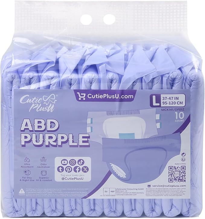 CutiePlusU Disposable Adult Diaper Heavy Absorption Dry Surface Adult Diapers All Night- Purple 10 Pieces (Large 37"-47")