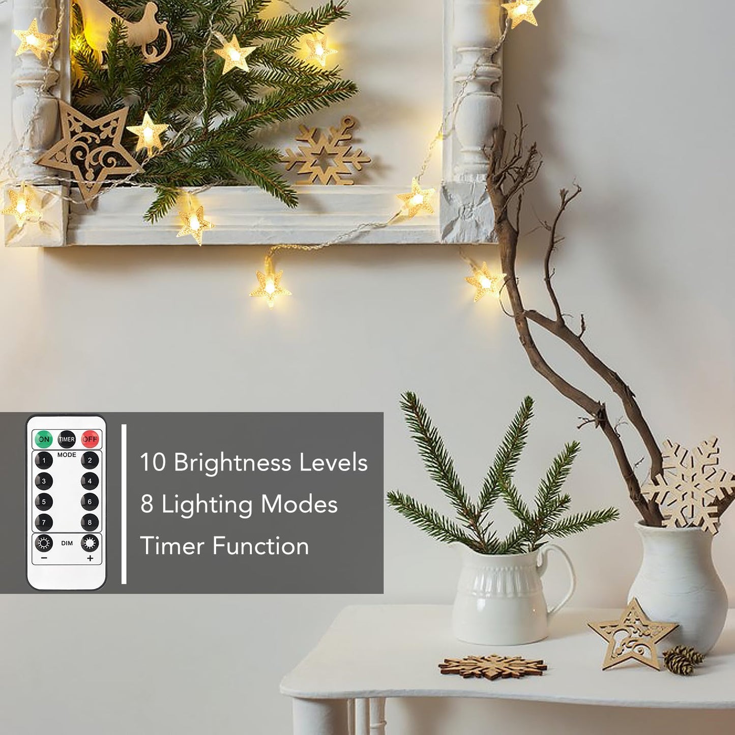 Tasodin Star String Lights, 40 Led Waterproof Fairy Lights, 20Ft, Warm White, Battery Operated With Remote Control For Home & Party Decor