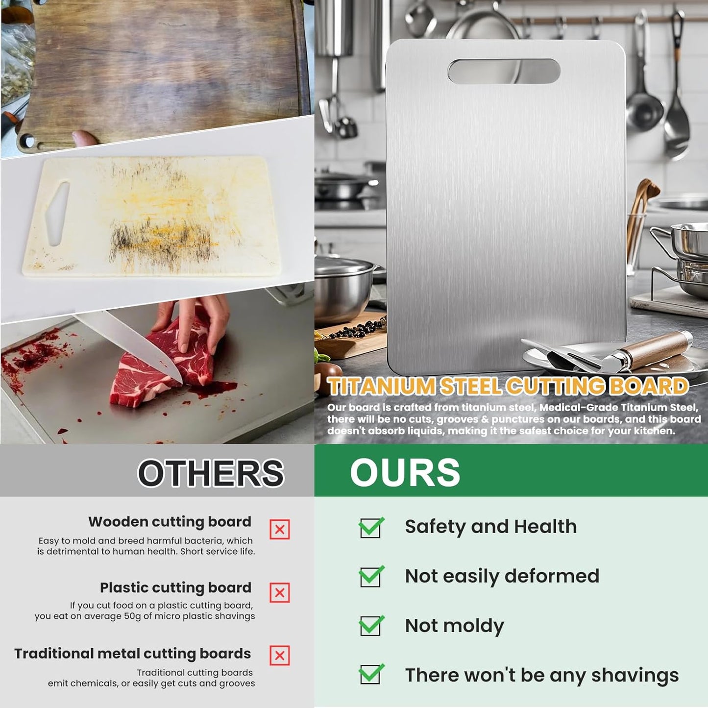 2 Pack, 100% Pure Titanium Cutting Board - 15x11 Inch Non-Slip Kitchen Chopping Board, Dishwasher Safe, Scratch Resistant, Easy to Clean, Durable & Hygienic for Meat, Vegetables, and Fruits