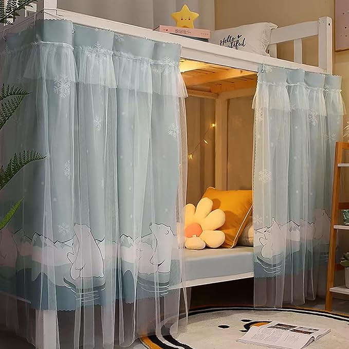 Beautiful Gauze Bunk Bed Curtains Drapes with Lace Privacy Bed Canopy for Bottom, 2 Panels, Mount Bear