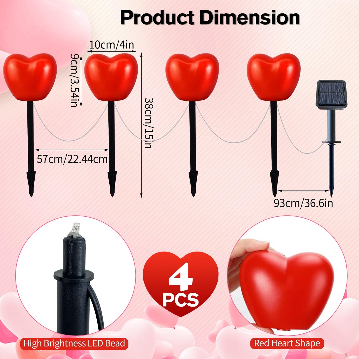 LAIAMER Valentine's Day Red Heart Solar Lights Outdoor, 4Pcs Waterproof Valentine's Day Solar Garden Lights LED Heart Lights Mother's Day Decorations for Yard Walkway