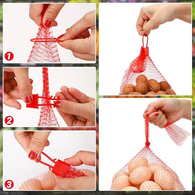100 Pack Reusable Produce Bags, Watermelon Nets with Loop-Style Closures, Onion Bags Mesh Bags for Vegetables, Melon Cradle for Garden Trellis Fruit Hammock Onion Storage, 23.6 inch Red