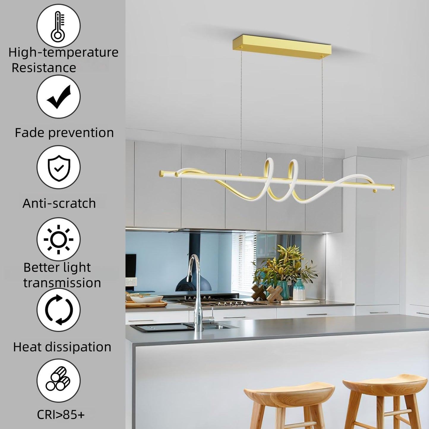 Zihoi LED Pendant Light, Dimmable with Remote, 3000K-6000K, 47in, Gold, Aluminum Chandelier for Kitchen and Dining Room