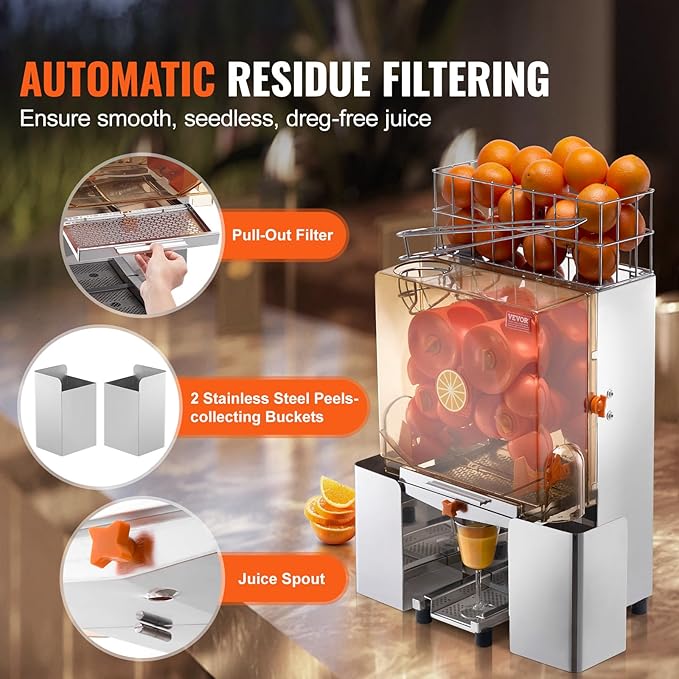 VEVOR Commercial Orange Juicer Machine, 120W Automatic Juice Extractor, Stainless Steel Orange Squeezer for 20 Oranges Per Minute, with Pull-Out Filter Box, PC Cover, 2 Peel Collecting Buckets