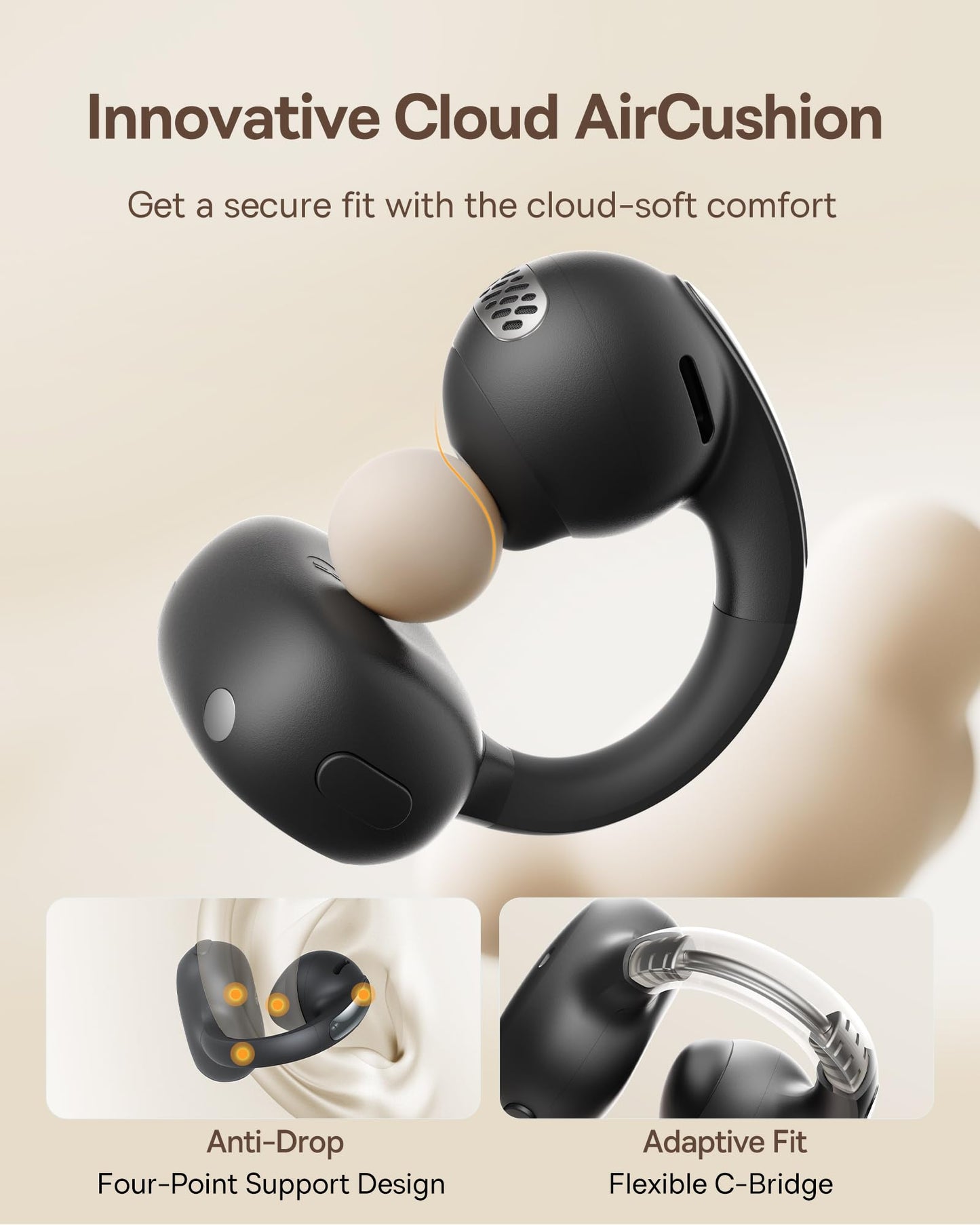 Baseus Bowie MC1 Open Ear Clip-On Earbuds, Adaptive Comfort with Anti-Drop Design, Impactful Sound with Adaptive Bass Boost, Adaptive Noise Cancelling Calls, IP57 Waterproof, 40H Playtime, Lightweight