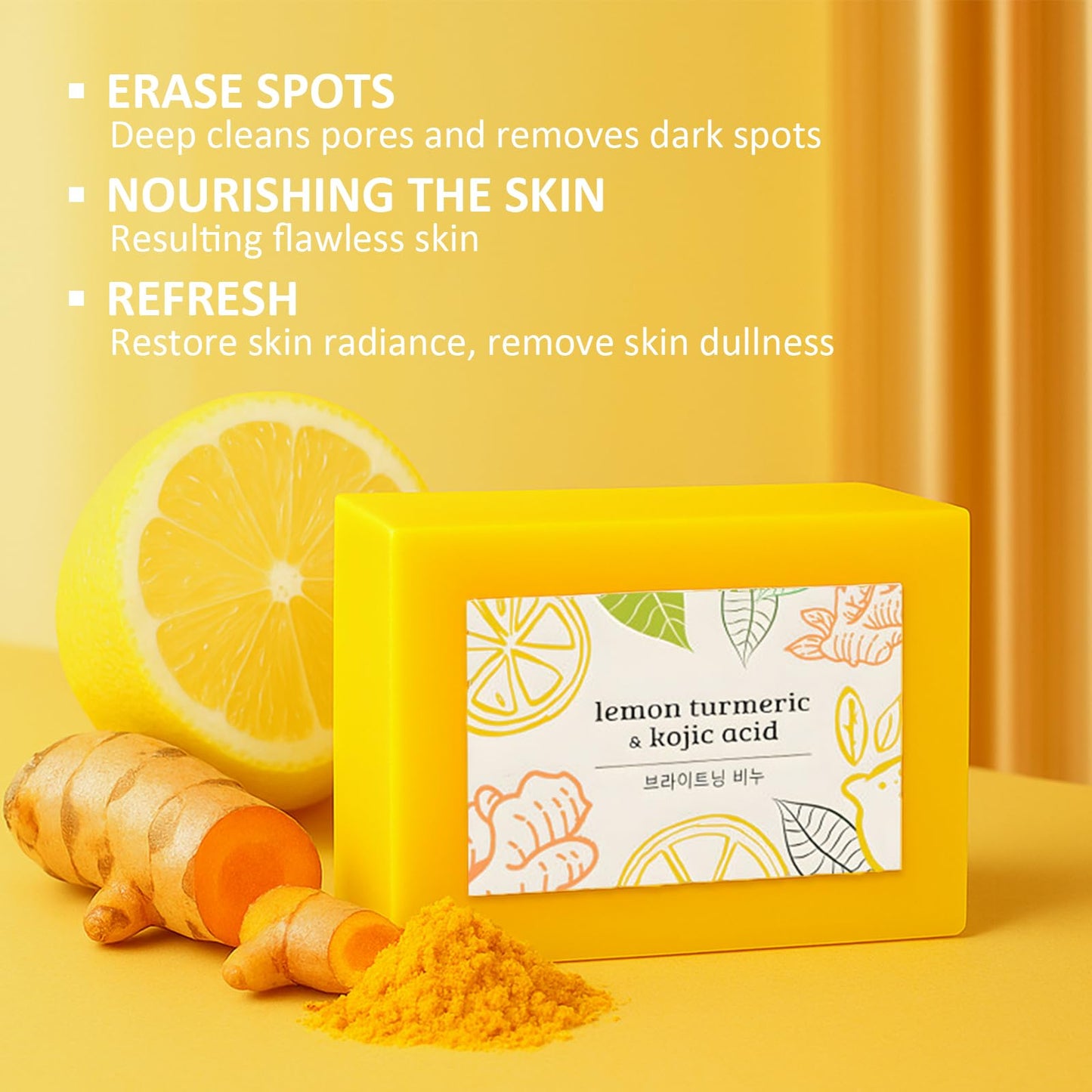 Qiuumey Scentric Glow Turmeric Soap, Lemon Turmeric Kojic Soaps, Natural Handmade Bar Moisturizing & Soothing Gentle Cleanser So