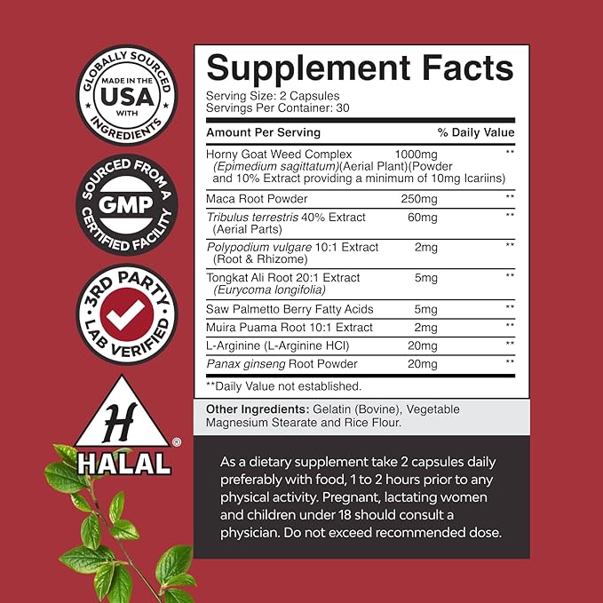 Horny Goat Weed for Men - Extra Strength Male Supplement with Black Maca Root, Tongkat Ali, Saw Palmetto & Panax Ginseng Extract for Stamina & Energy - 60 Capsules