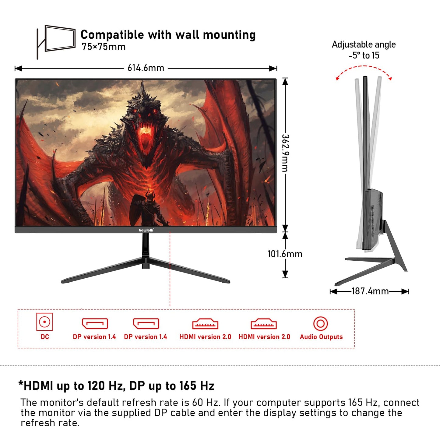 Gawfolk 27 inch 2K QHD(2560×1440) PC Screen, 165Hz Gaming Monitor, 1ms Without Bezel, FreeSync,98% sRGB, 178° Wide Viewing Angle, HDMI2.0、DisplayPort, 75 * 75MM Wall Mount Compatible - Black