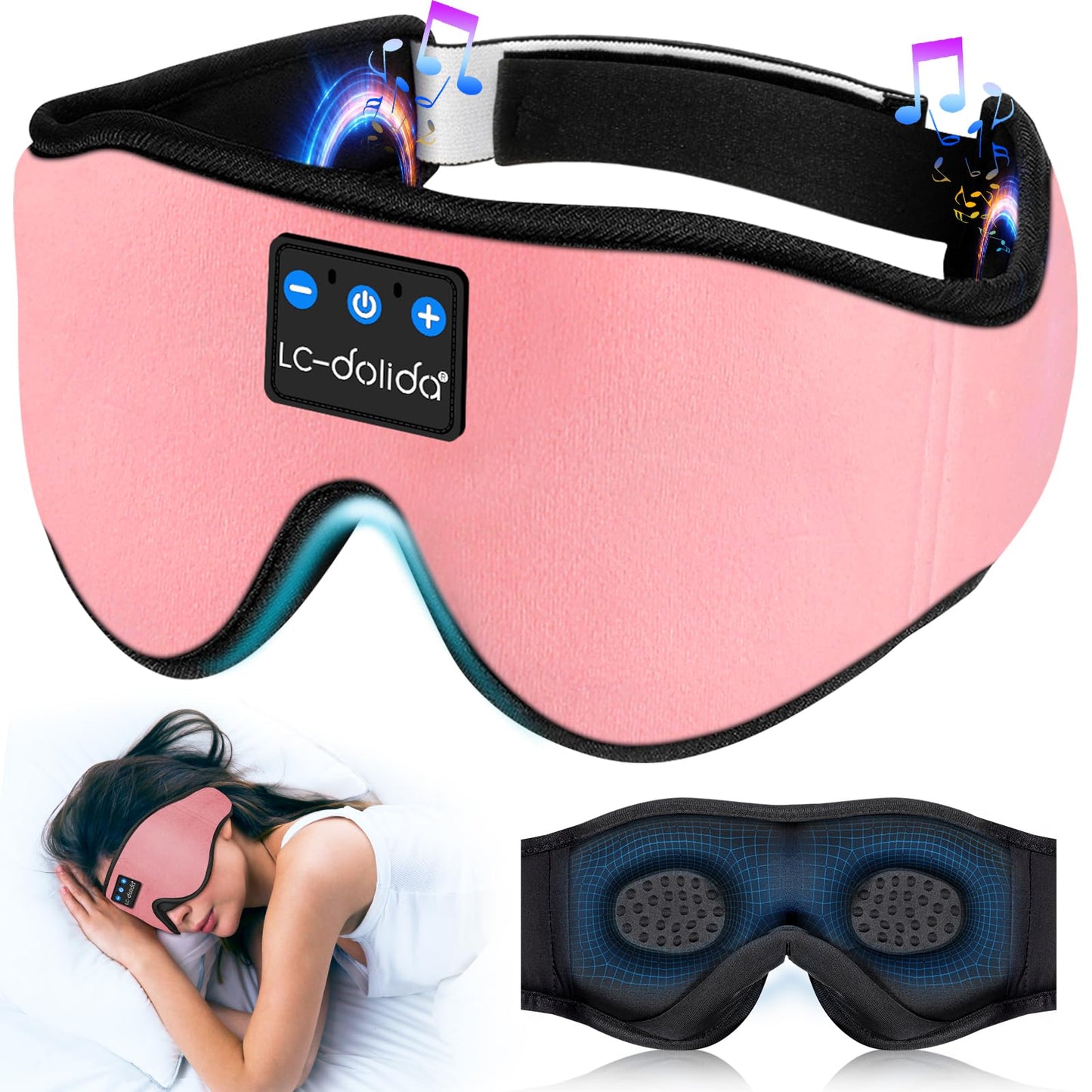 LC-dolida Sleep Headphones, Sleep Mask Bluetooth Wireless Music Eye Mask, Sleeping Headphones for Side Sleepers Sleep Mask with Bluetooth Headphones Ultra-Thin Stereo Speakers Perfect for Sleeping