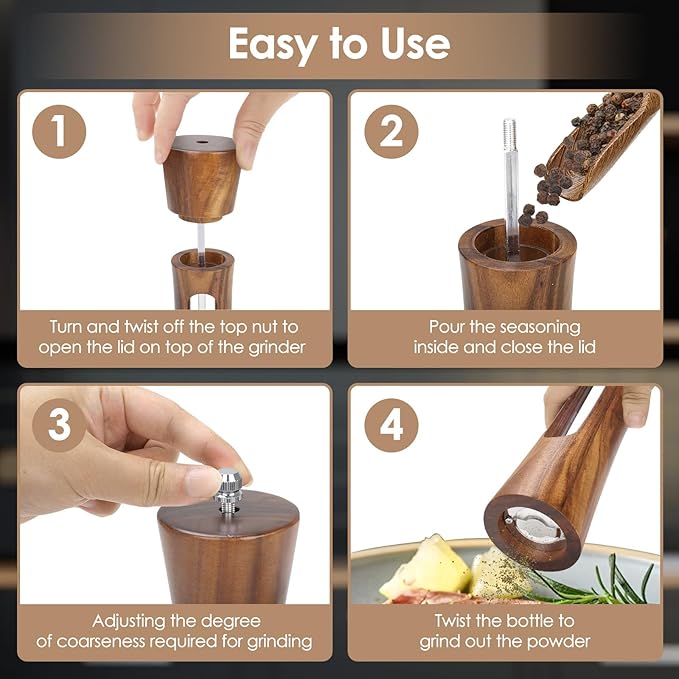 Wooden Salt and Pepper Grinder Set, 8 inch Manual Salt and Pepper Mill with Brush and Spoon, Adjustable Coarseness, Refillable Pepper Grinder for Kitchen, Transparent