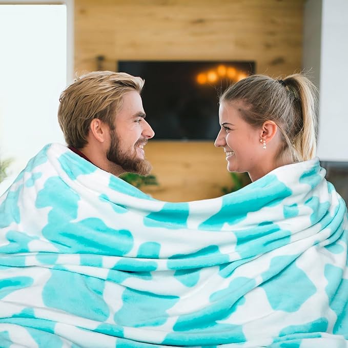 Blue Cow Print Twin Blanket - Lightweight Fuzzy Soft Throw for Bed, Sofa, Dorm, Couch - Cozy Cyan Gifts for Teens Girls Bedroom Decor