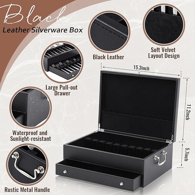 Leather Silverware Storage Box Flatware Storage Case with Felt Lined Leather Flatware Chest Silverware Organizer with Lid for Tableware Utensils Silver(2 Layer)