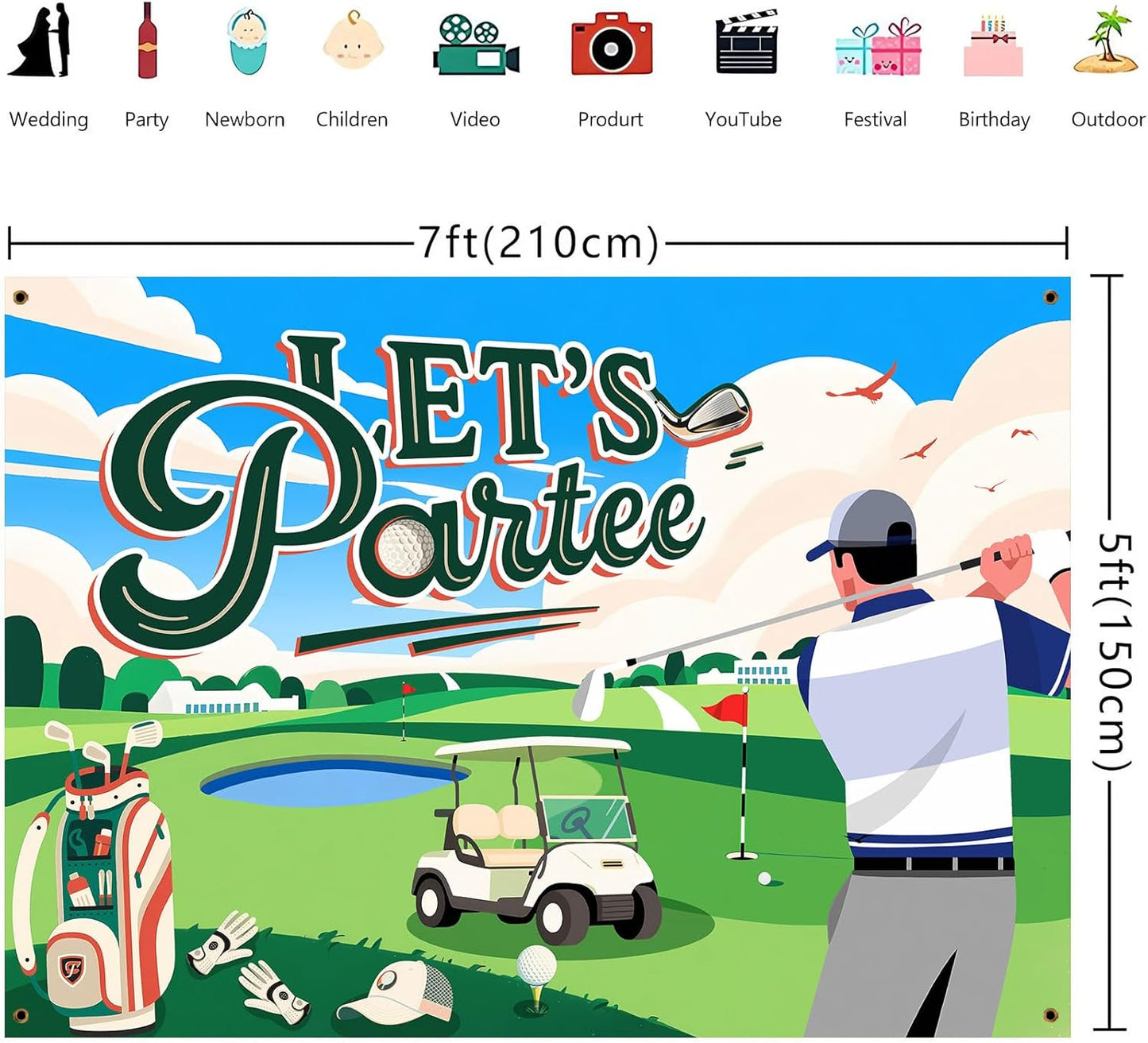 7x5ft Let's Partee Golf Theme for Birthday Backdrop Green Grass Club Sports Grounds Photo Background Adult Kids Golf Birthday Party Decorations Banner Photo Booth Studio Props