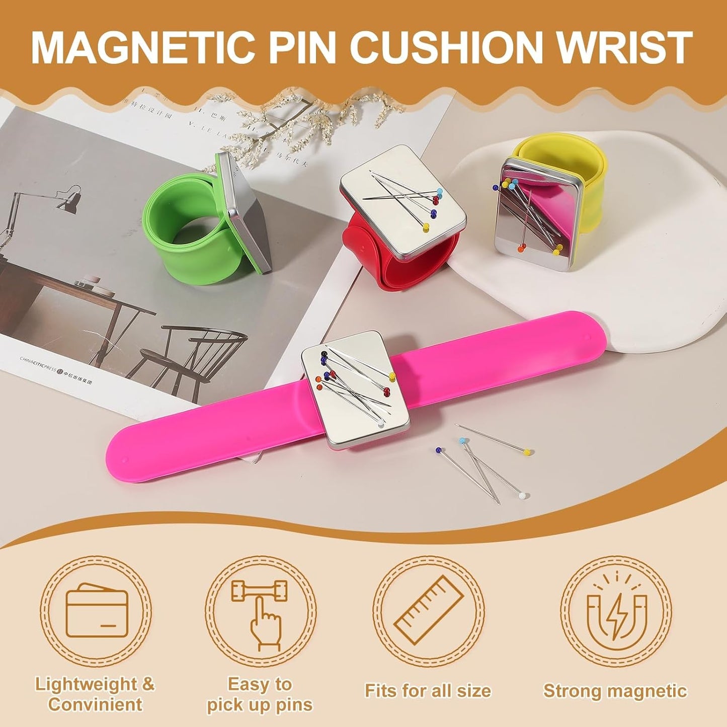 PATIKIL Magnetic Wrist Pin Cushions for Sewing, Magnetic Pin Cushion Magnetic Wrist Gel Band Holder Wristband Pincushion with Pins for Sewing Braiding Quilting Hair Clips, Rose Red