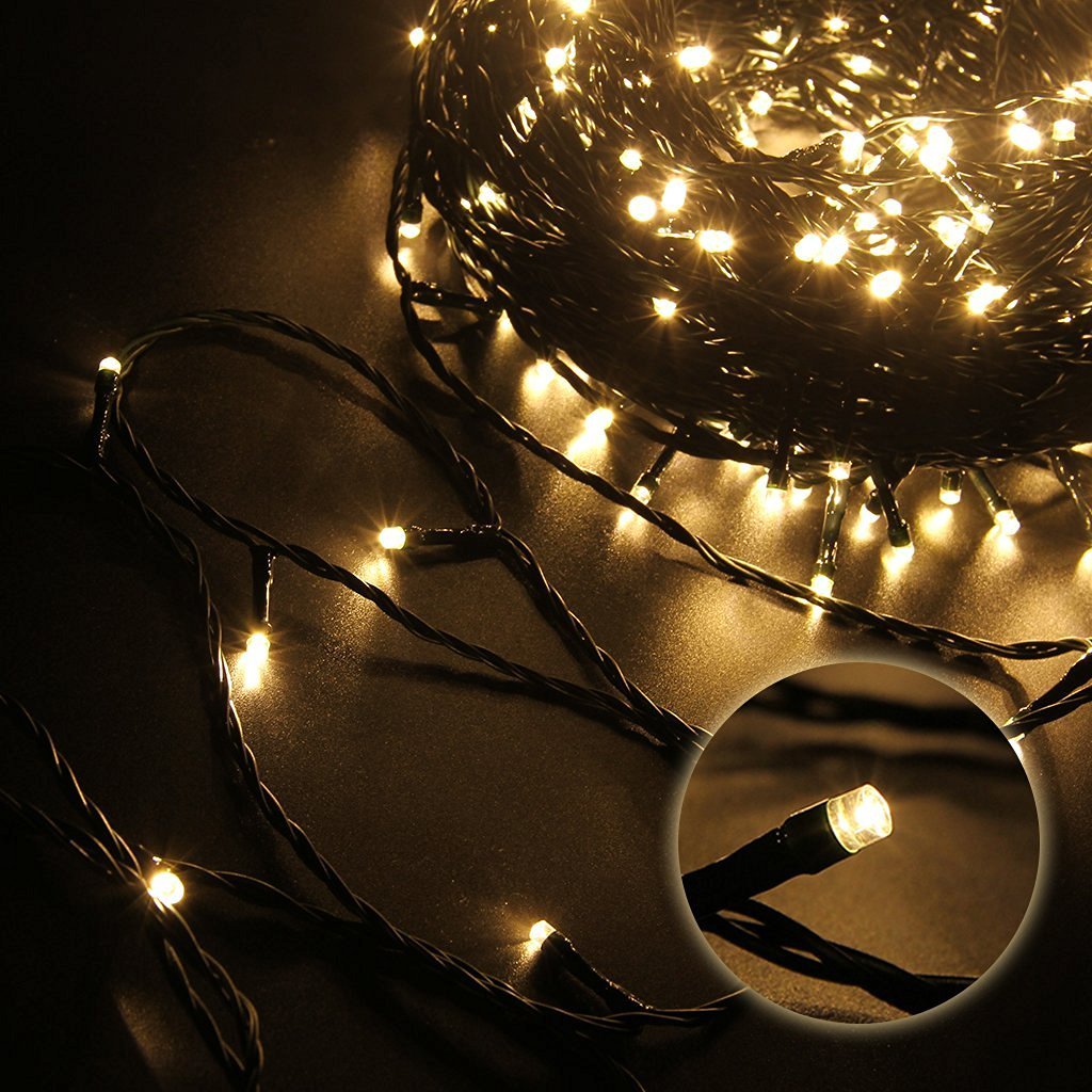 FULLBELL Outdoor Fairy Lights, 33ft 100 LED, Warm White, Extendable, Black Wire, Model FLEDTK10MBW-WW